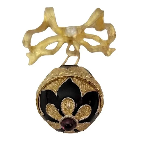 Sterling Silver Gold Vermeil Bow Bar Faberge Style Egg Charm Dangle Pin Brooch